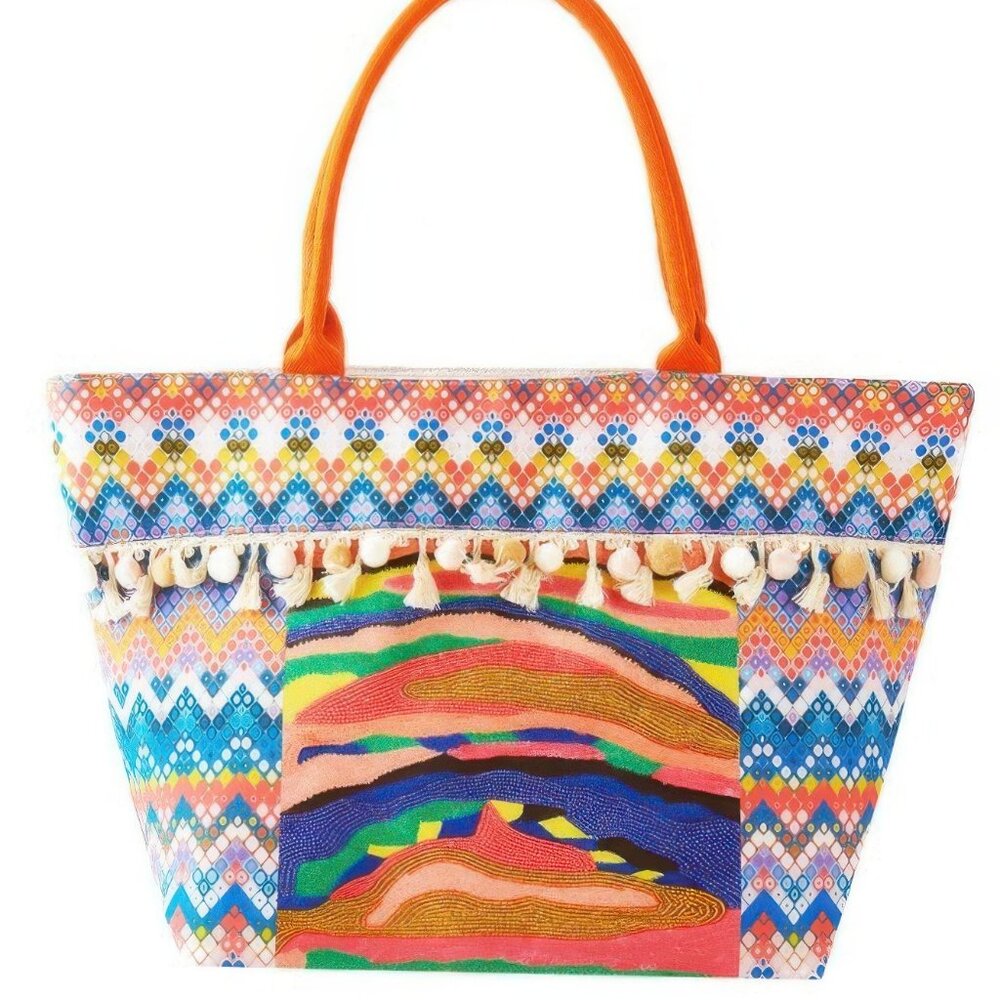 Boho Print Pom Pom Fringe Tote Bag